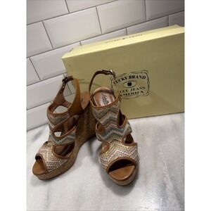 Lucky Brand LK Riedel2 Wedge Sandal Multicolor Boho Weave Cork Wedge Size 8